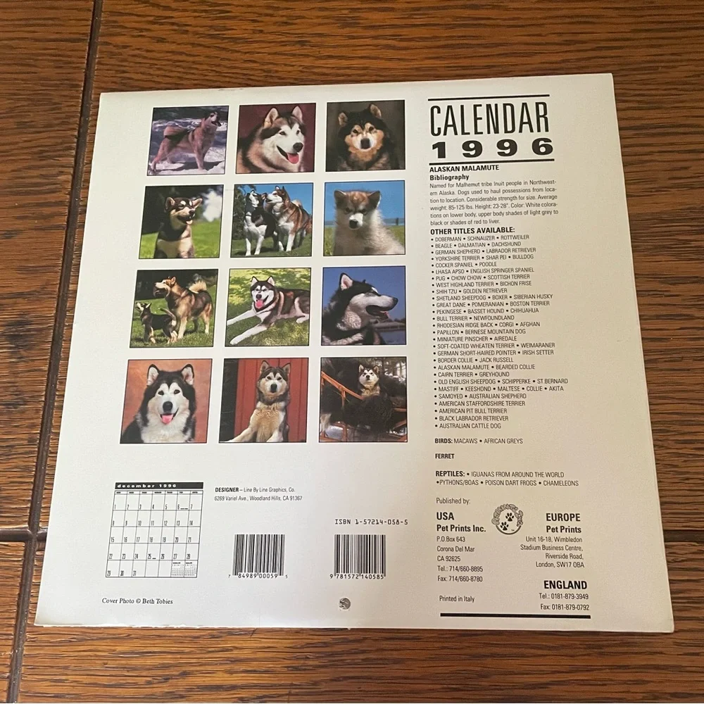 Alaskan Malamute 1996 Wall Calendar - Red and Black